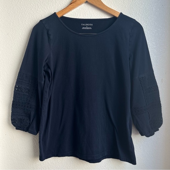 Talbots | Navy Top with Balloon Crochet Sleeves - Picture 2 of 8